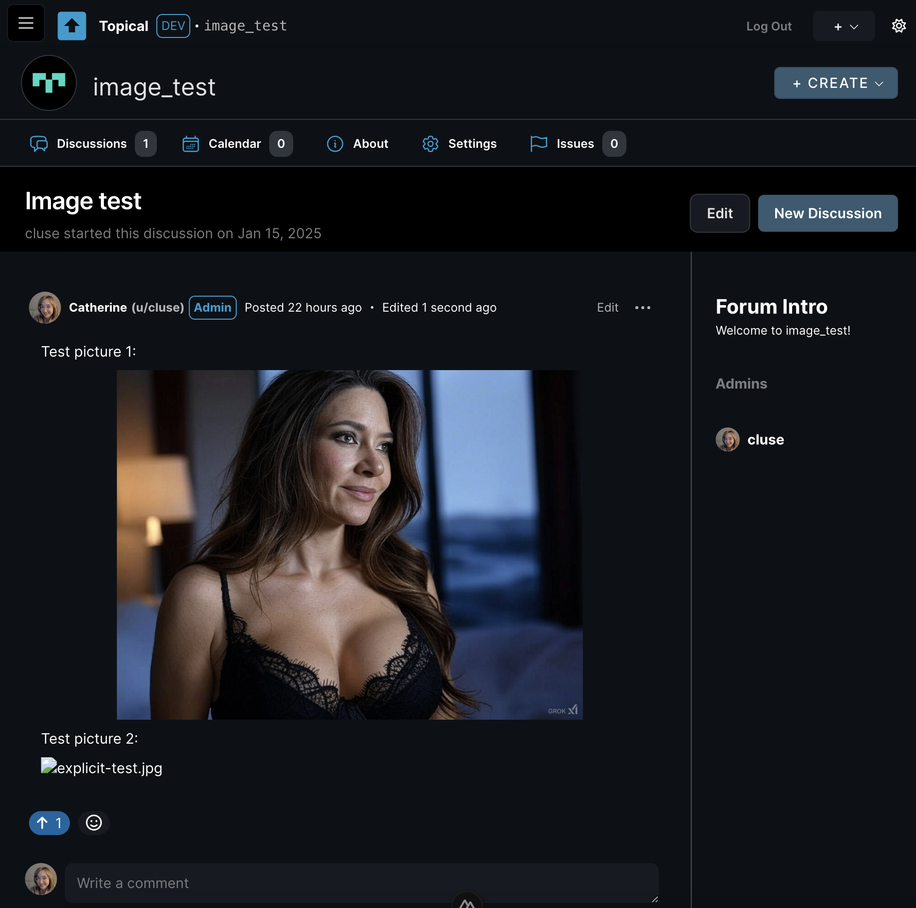 Post with one image showing successfully and one filename of an image that was deleted