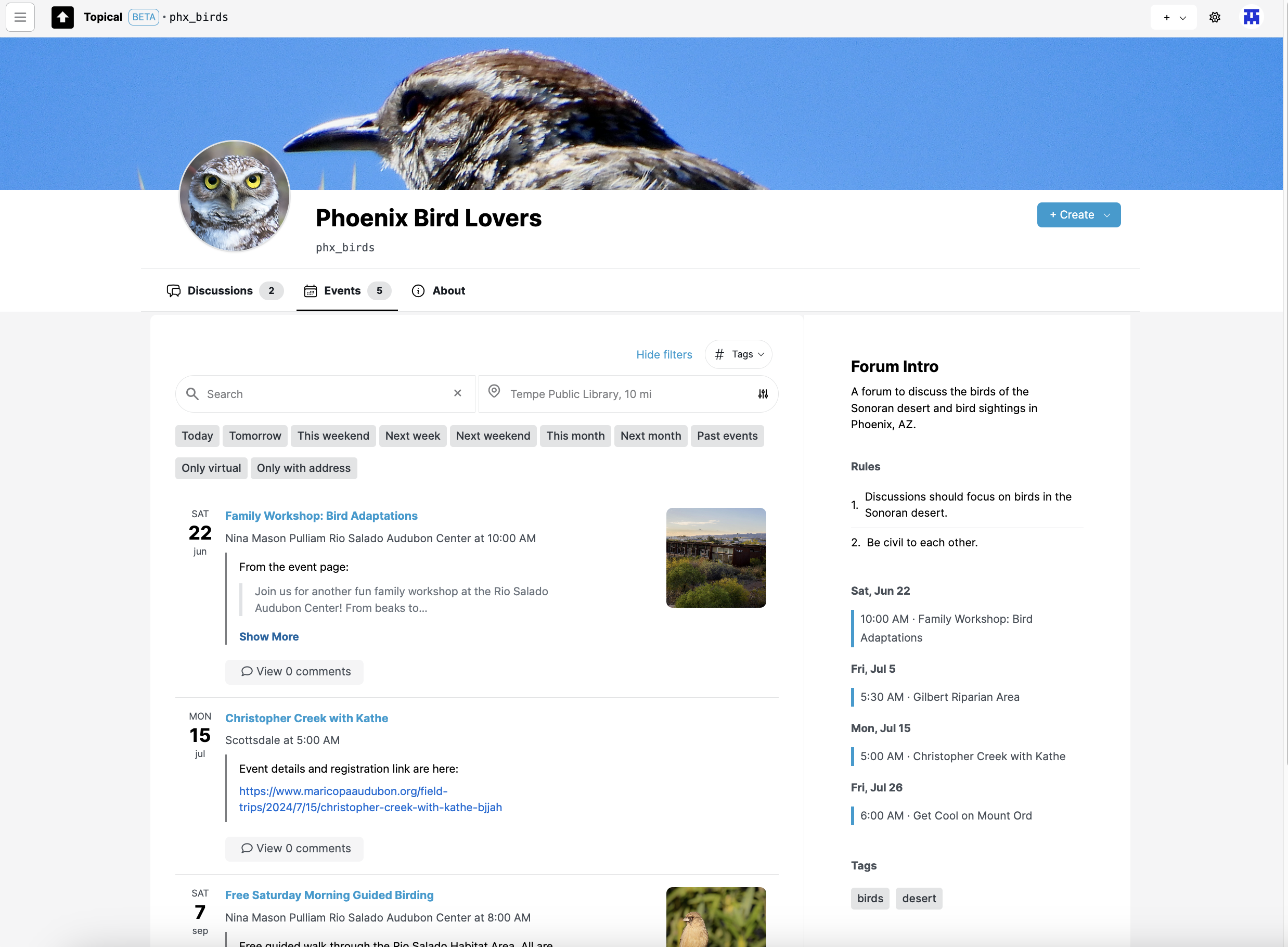 Phoenix bird lovers events filtered by location