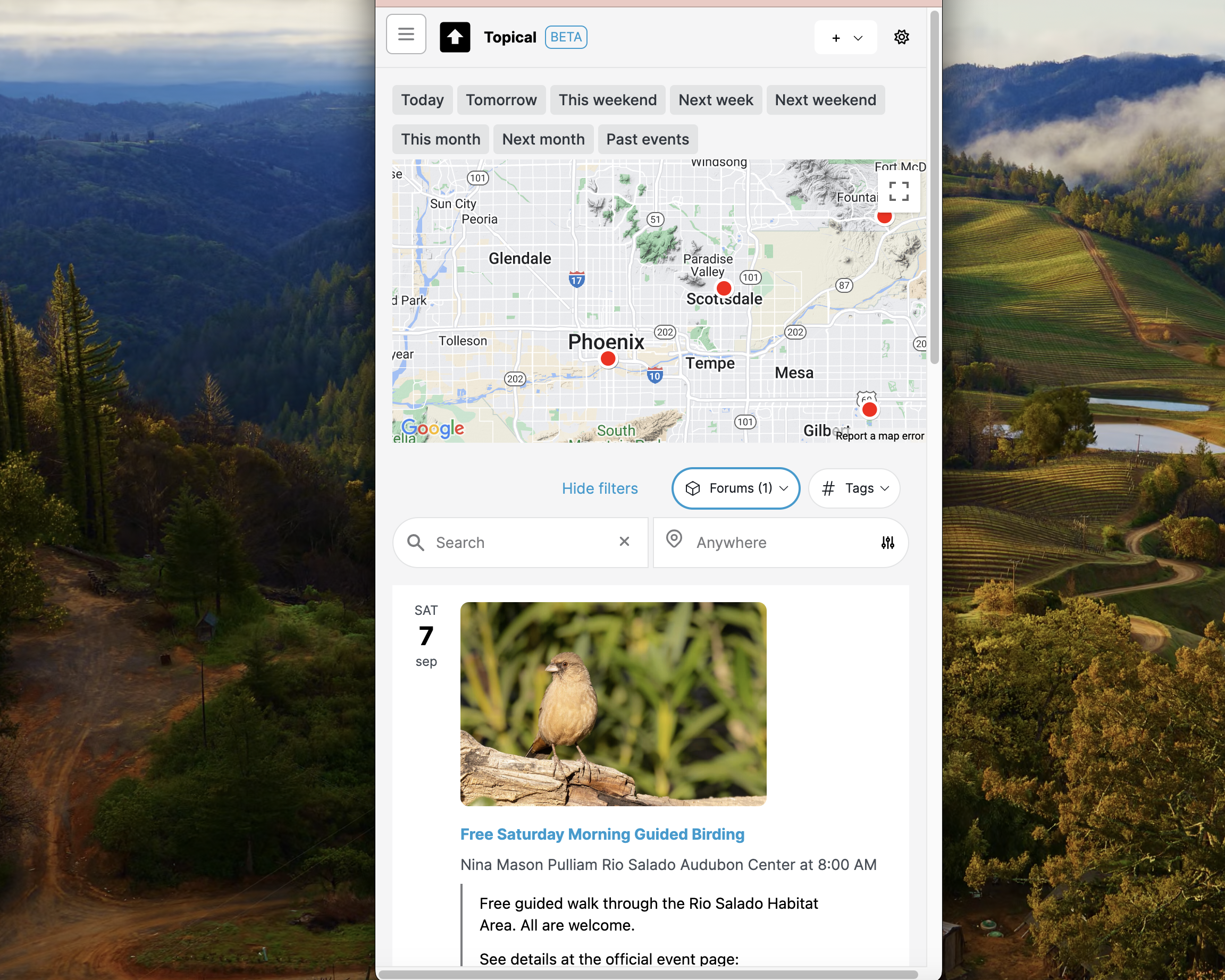 Sitewide filtered event list at mobile width