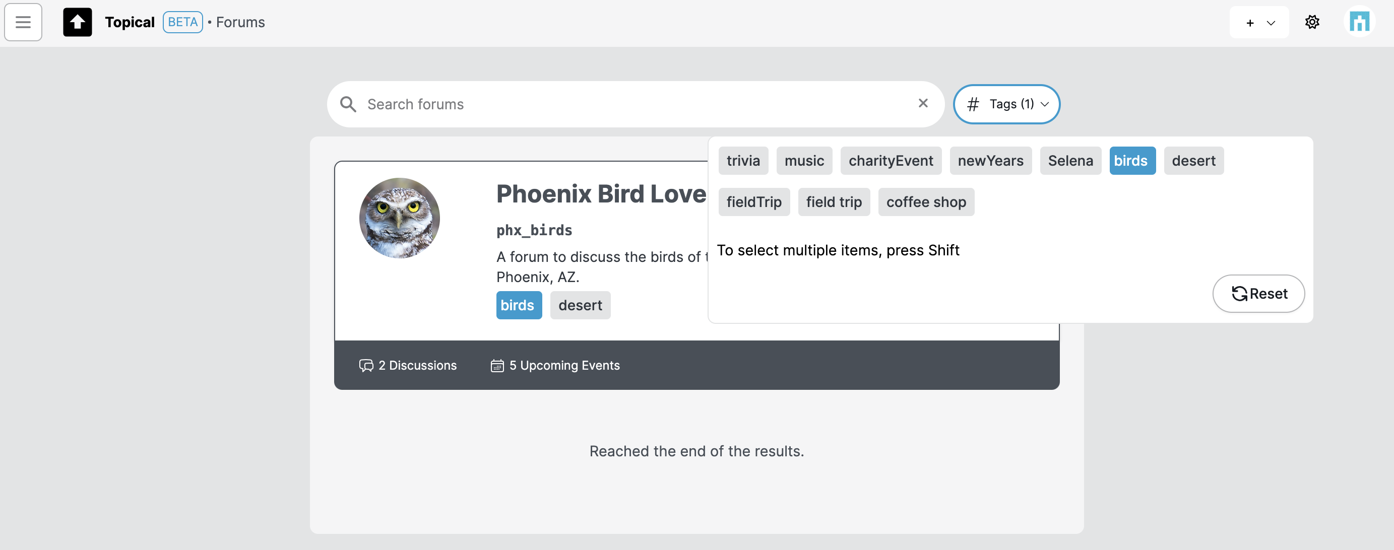 The forum list can be filtered by tag