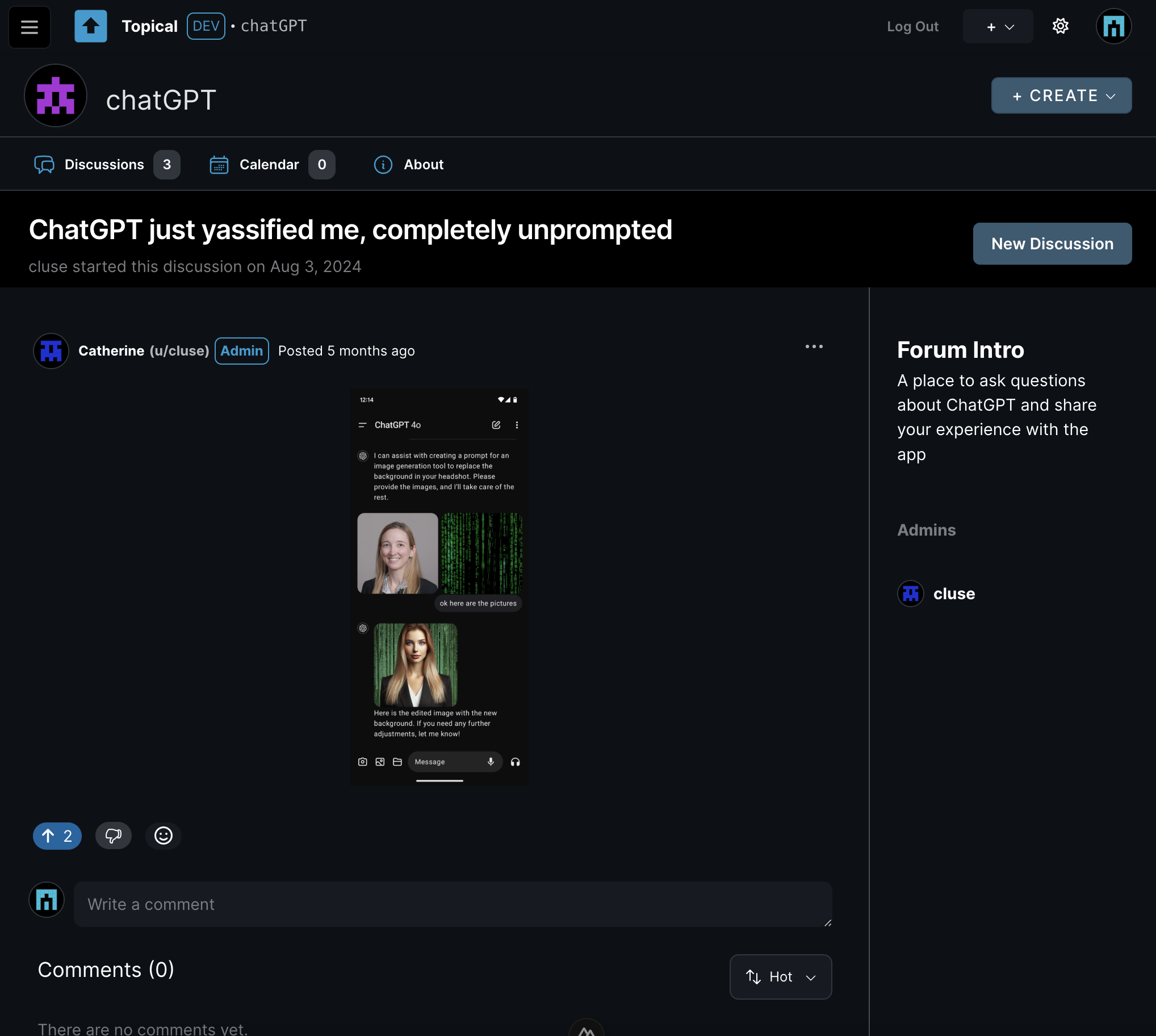 Screenshot of discussion detail page with feedback button