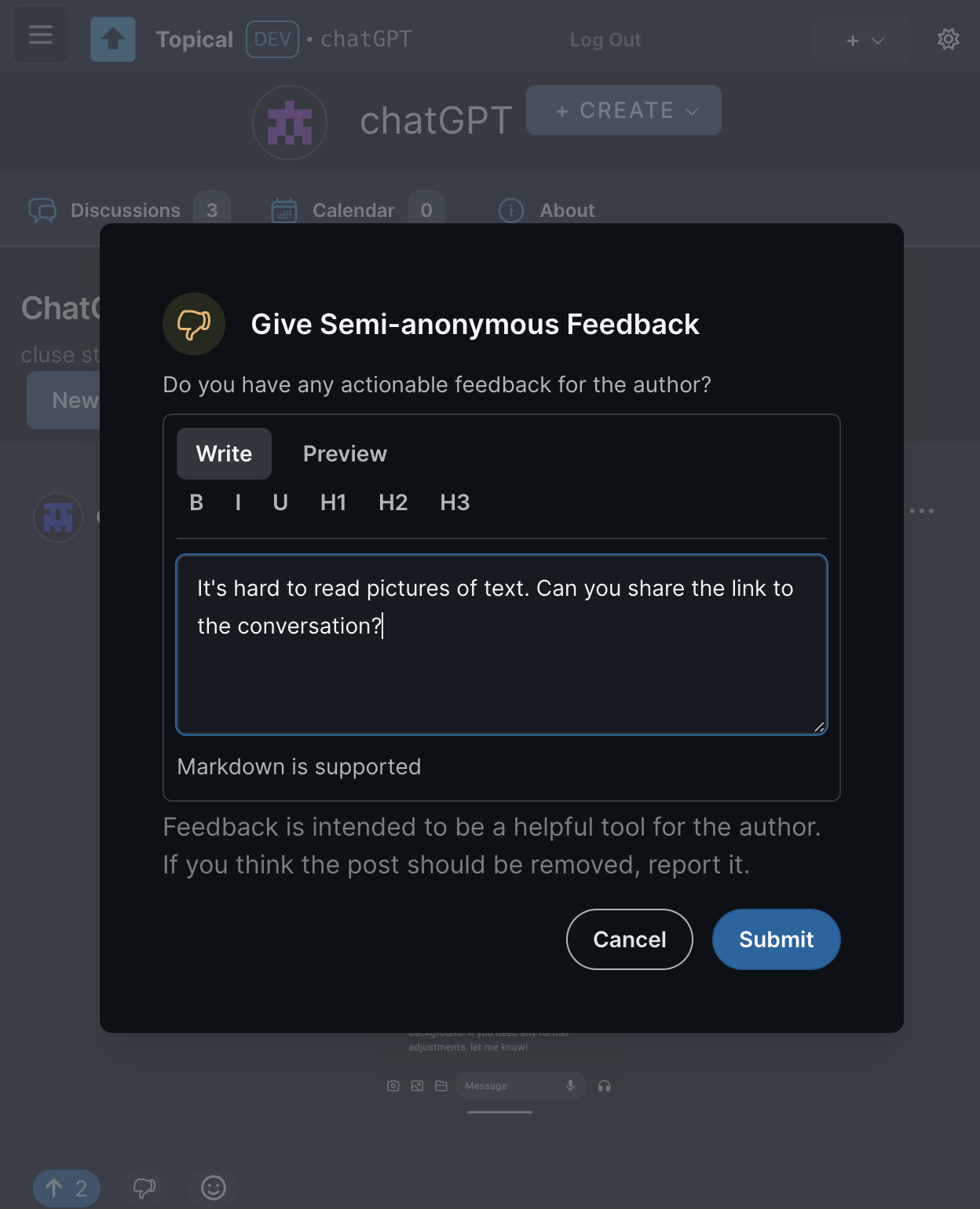 Screenshot of the feedback modal which warns that feedback is intended to be a helpful tool for the author.