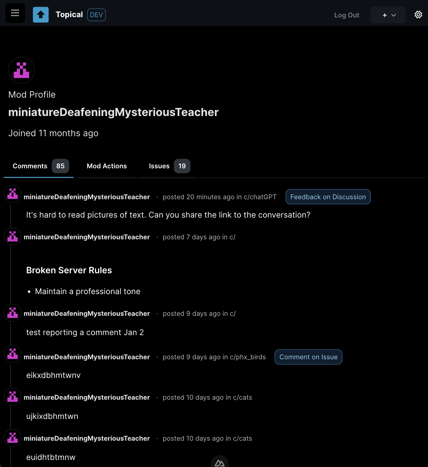 Mod profile showing feedback