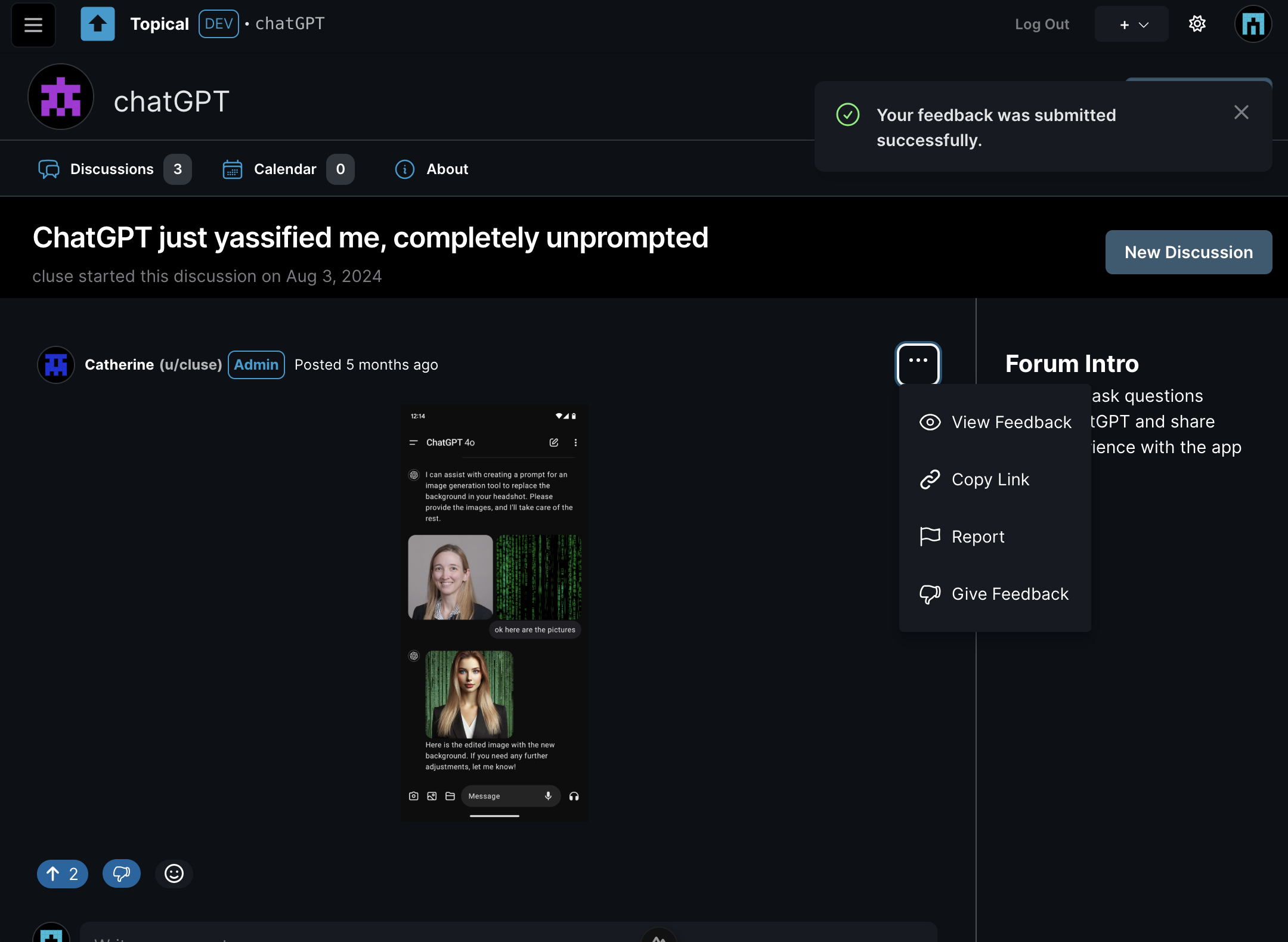 Post with action menu clicked, View Feedback button showing