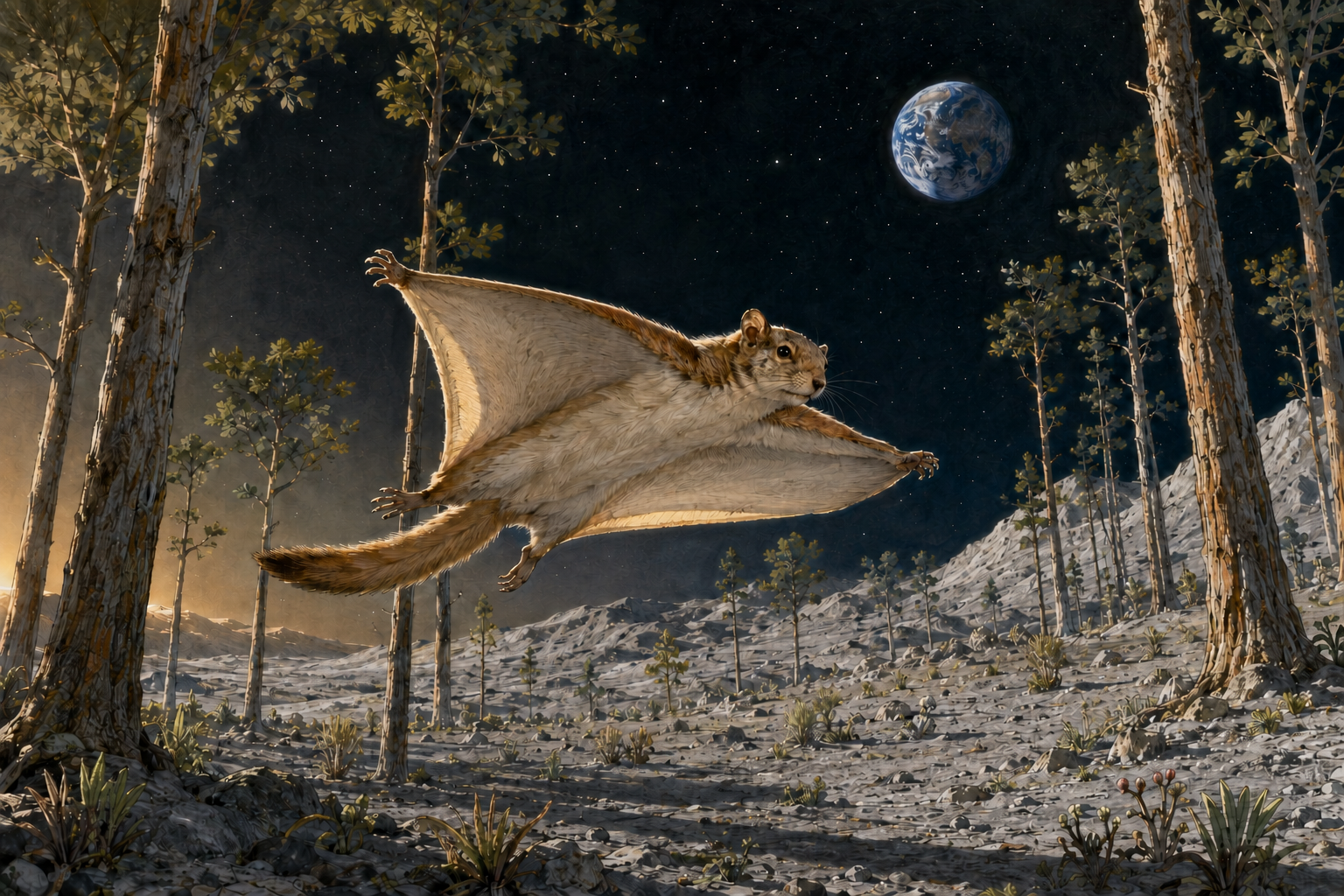 A rabbit-sized moon-squirrel gliding between the trees of a lunar forest, membranes stretched between its legs