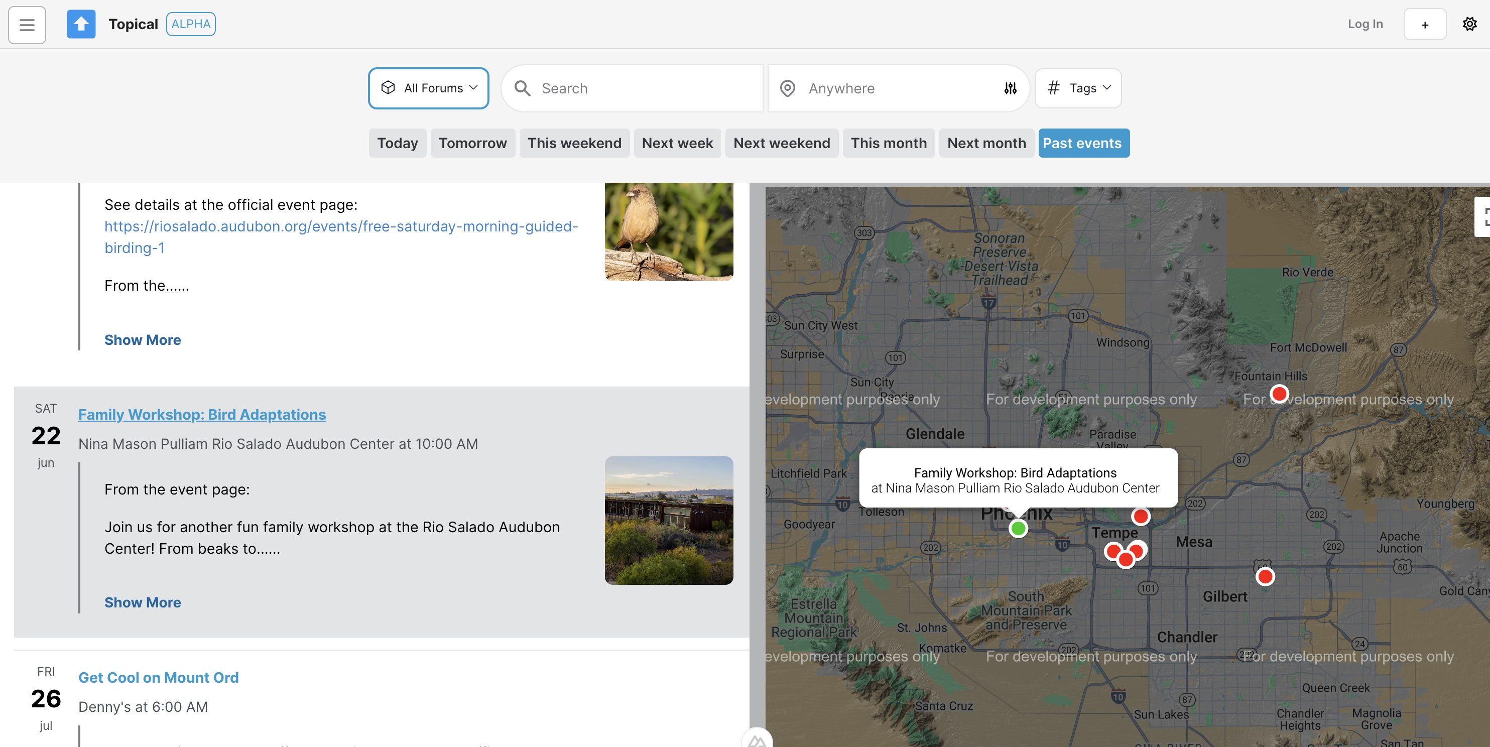 Event search with centered filters